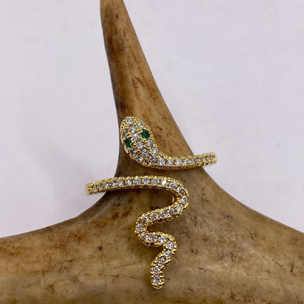 Vintage Gold Snake Ring | Green and Cubic Zirconia Crystal Diamond Gemstones 9k Gold Filled Band | Unique Gift Serpent Statement Ring