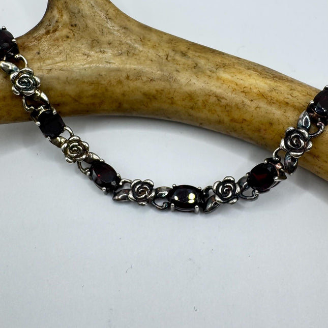 Vintage Silver Rose Garnet Tennis Bracelet - 925 Sterling Silver Stacked Holiday Jewelry