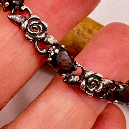 Vintage Silver Rose Garnet Tennis Bracelet - 925 Sterling Silver Stacked Holiday Jewelry