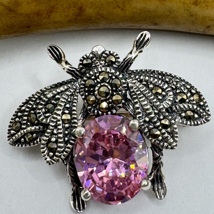 Vintage Pink Bee Scatter Pin 925 Sterling Silver Marcasite Brooch