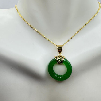 Vintage Green Jade Deco Choker Pendant Necklace - Gold filled chain
