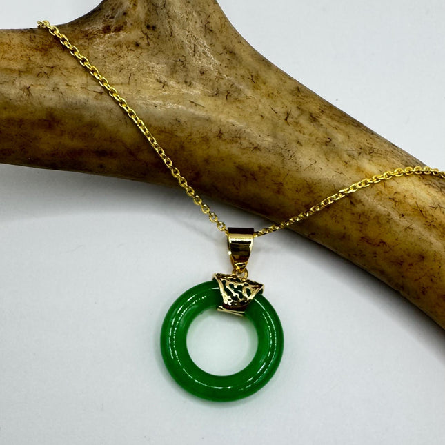 Vintage Green Jade Deco Choker Pendant Necklace - Gold filled chain