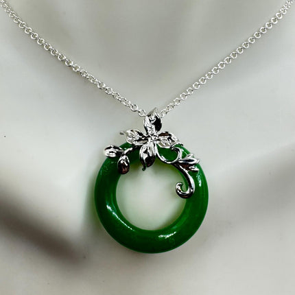 Vintage Green Jade Deco Choker Pendant Necklace - 925 Sterling Silver chain