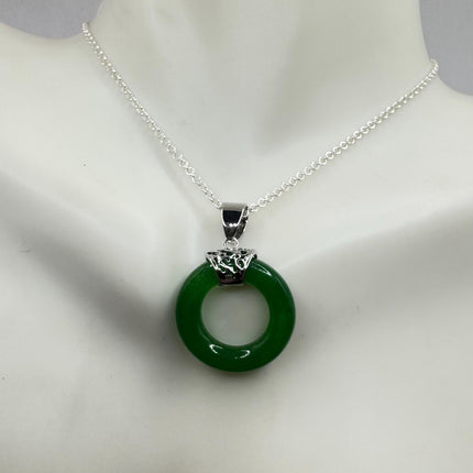 Vintage Green Jade Deco Choker Pendant Necklace - 925 Sterling Silver chain