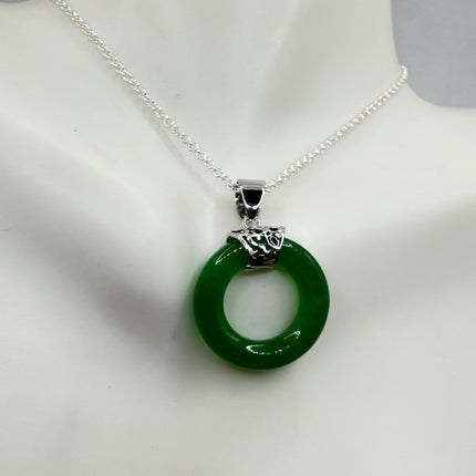 Vintage Green Jade Deco Choker Pendant Necklace - 925 Sterling Silver chain
