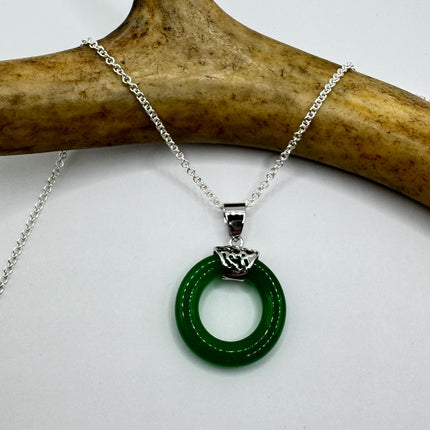 Vintage Green Jade Deco Choker Pendant Necklace - 925 Sterling Silver chain
