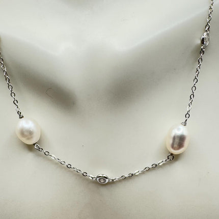 Vintage Silver Pendant Necklace | White Pearl Gemstone Crystal Birthstone 925 Sterling Silver Station Necklace