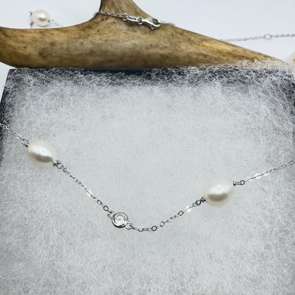 Vintage Silver Pendant Necklace | White Pearl Gemstone Crystal Birthstone 925 Sterling Silver Station Necklace