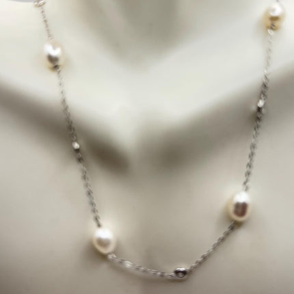 Vintage Silver Pendant Necklace | White Pearl Gemstone Crystal Birthstone 925 Sterling Silver Station Necklace