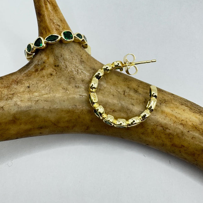 vintage gold Emerald green hoop earrings Minimalist Deco Gold 925 Sterling Silver Hoop Earrings