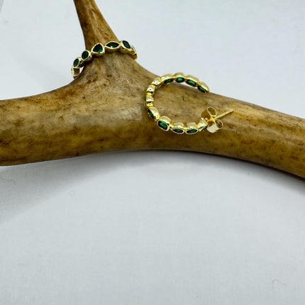 vintage gold Emerald green hoop earrings Minimalist Deco Gold 925 Sterling Silver Hoop Earrings