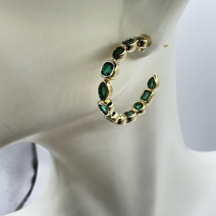 vintage gold Emerald green hoop earrings Minimalist Deco Gold 925 Sterling Silver Hoop Earrings