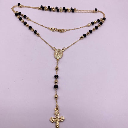 Vintage Gold Rosary Necklace | Black Onyx Gemstone Beaded 9k Gold Filled Cross Pendant Charm Rosary Prayer Necklace