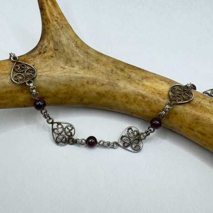 Vintage Red Garnet Heart Charm Bracelet - Dainty Stackable Layered Every day 925 Sterling Silver