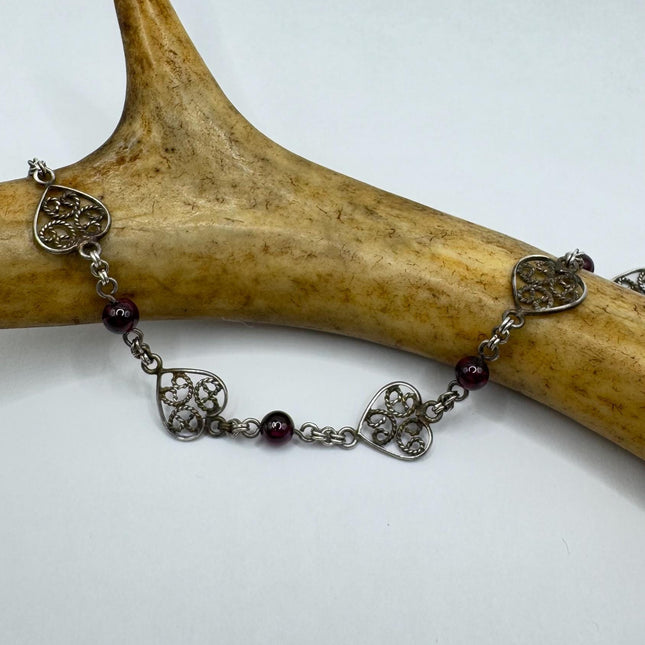 Vintage Red Garnet Heart Charm Bracelet - Dainty Stackable Layered Every day 925 Sterling Silver