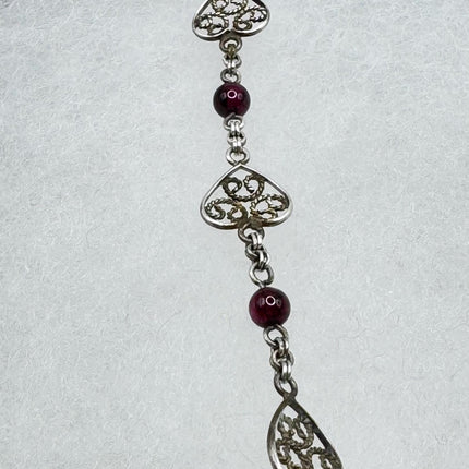 Vintage Red Garnet Heart Charm Bracelet - Dainty Stackable Layered Every day 925 Sterling Silver