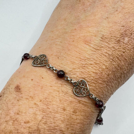 Vintage Red Garnet Heart Charm Bracelet - Dainty Stackable Layered Every day 925 Sterling Silver