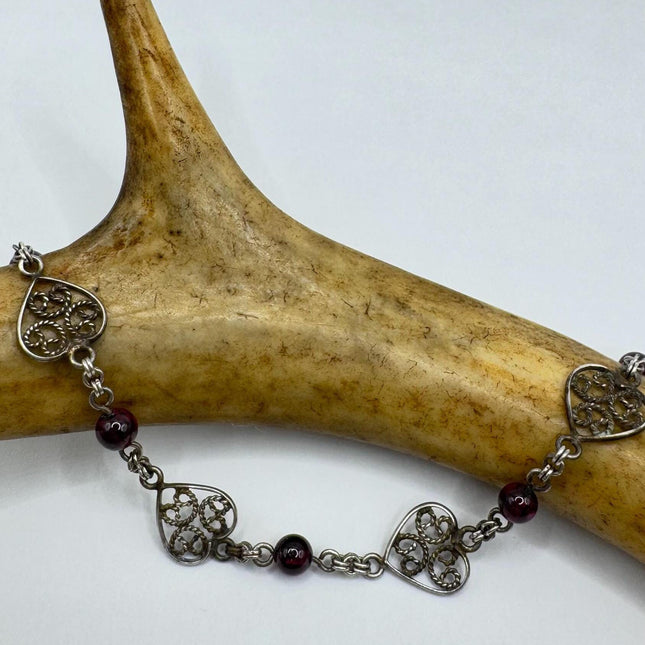 Vintage Red Garnet Heart Charm Bracelet - Dainty Stackable Layered Every day 925 Sterling Silver