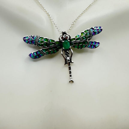 vintage stained glass, green emerald dragonfly Necklace - Pin 925 Sterling Silver Chain
