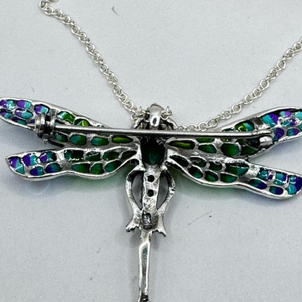 vintage stained glass, green emerald dragonfly Necklace - Pin 925 Sterling Silver Chain