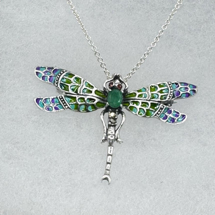 vintage stained glass, green emerald dragonfly Necklace - Pin 925 Sterling Silver Chain