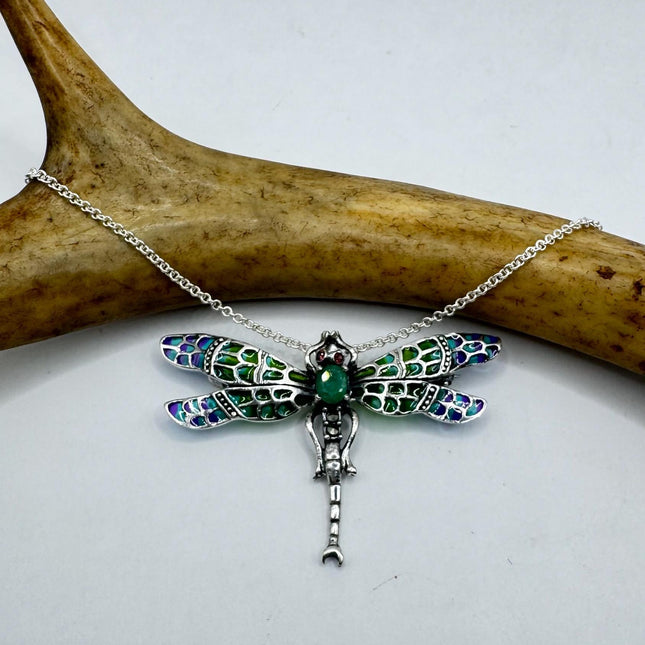 vintage stained glass, green emerald dragonfly Necklace - Pin 925 Sterling Silver Chain