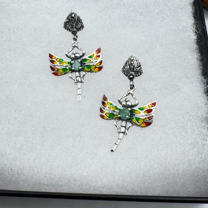 vintage stained glass green emerald dragonfly Earrings 925 Sterling Silver