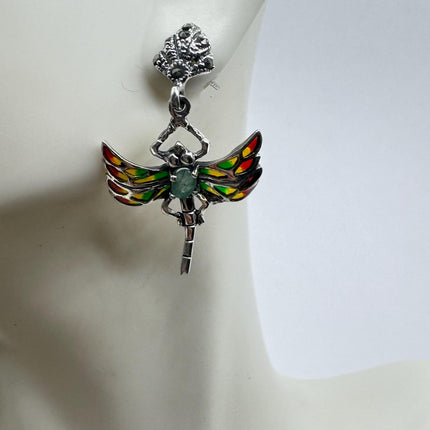 vintage stained glass green emerald dragonfly Earrings 925 Sterling Silver