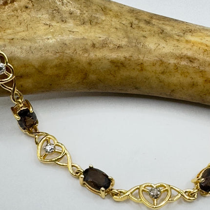 Vintage Smoky Topaz Heart Silver Tennis Bracelet |Diamond Chip Gold 925 Sterling Silver Stackable Everyday Prom Jewelry