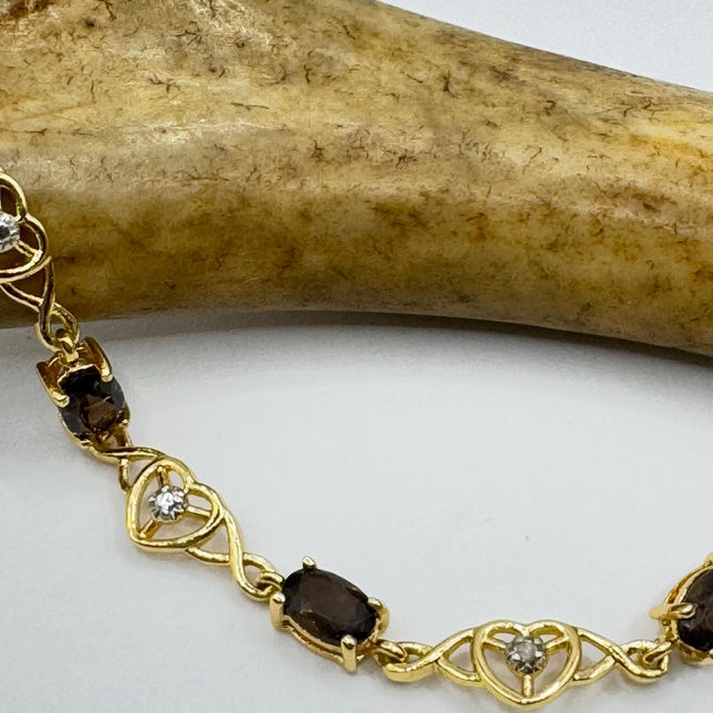 Vintage Smoky Topaz Heart Silver Tennis Bracelet |Diamond Chip Gold 925 Sterling Silver Stackable Everyday Prom Jewelry