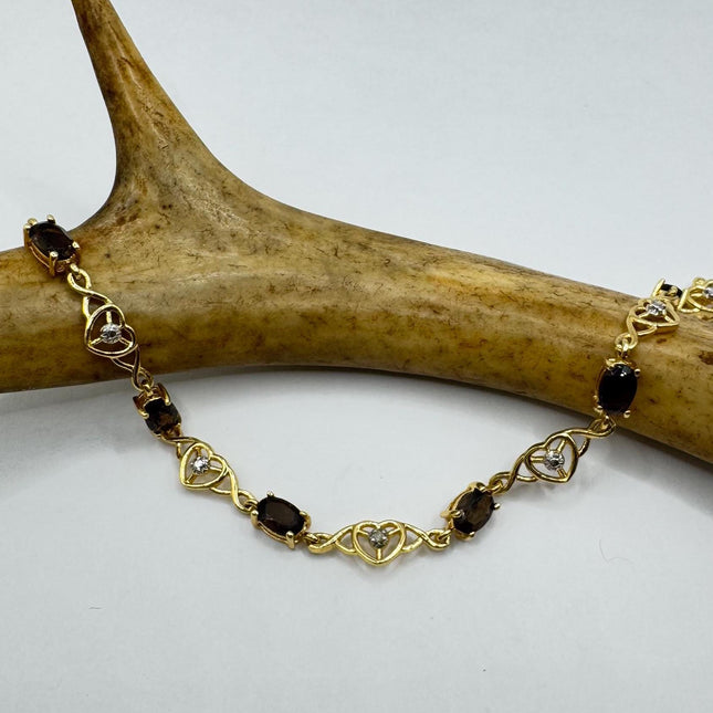 Vintage Smoky Topaz Heart Silver Tennis Bracelet |Diamond Chip Gold 925 Sterling Silver Stackable Everyday Prom Jewelry