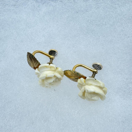 Vintage ivory flower rose, screw back clip on earrings Gold Filled - Unique and Stylish Accessory