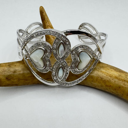 Vintage Mother of Pearl heart Cuff Silver Bangle