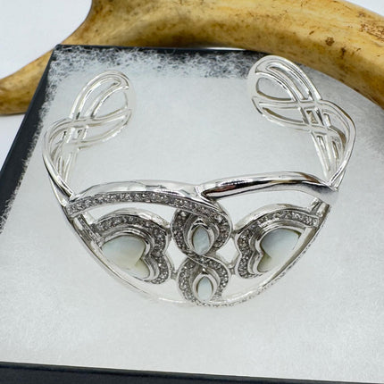Vintage Mother of Pearl heart Cuff Silver Bangle