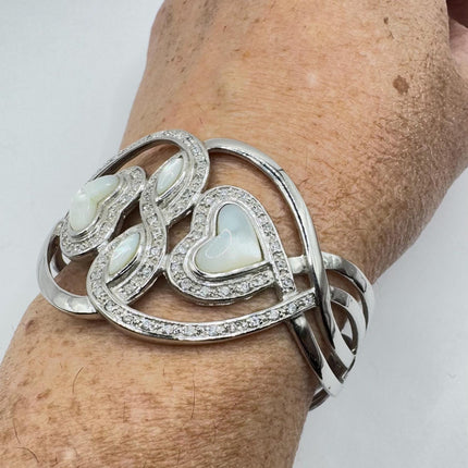Vintage Mother of Pearl heart Cuff Silver Bangle