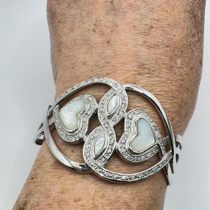 Vintage Mother of Pearl heart Cuff Silver Bangle
