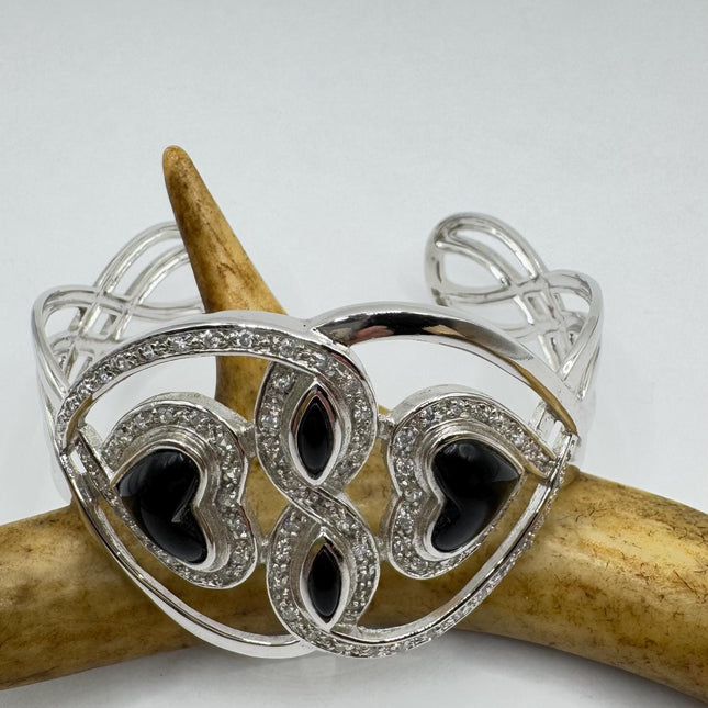 vintage black Onyx heart Cuff Silver Bangle