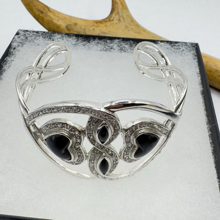 vintage black Onyx heart Cuff Silver Bangle