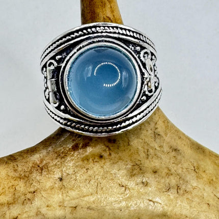 Vintage Silver Bronze Poison Ring Blue Chalcedony Unique Gift Statement Ring