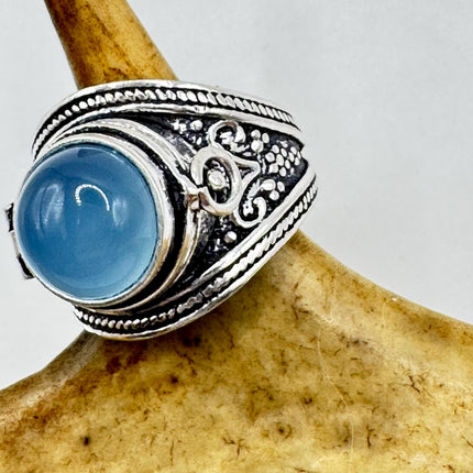 Vintage Silver Bronze Poison Ring Blue Chalcedony Unique Gift Statement Ring