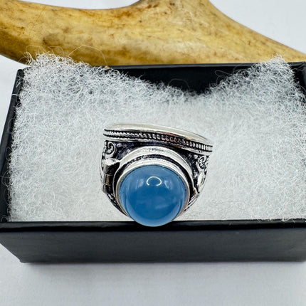 Vintage Silver Bronze Poison Ring Blue Chalcedony Unique Gift Statement Ring