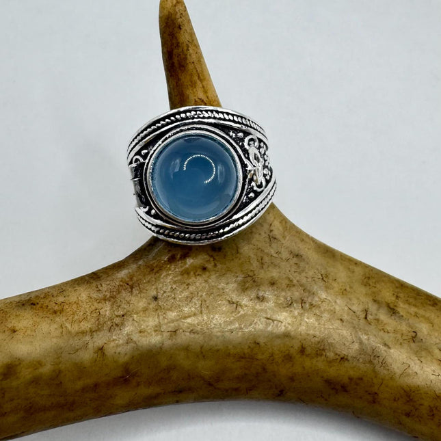 Vintage Silver Bronze Poison Ring Blue Chalcedony Unique Gift Statement Ring