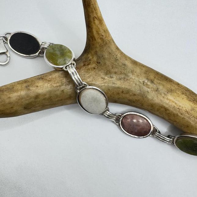Vintage Mixed Agate Gemstone Station Bracelet |Set in 925 Sterling Silver
