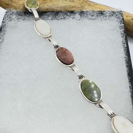 Vintage Mixed Agate Gemstone Station Bracelet |Set in 925 Sterling Silver