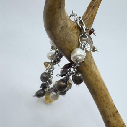 Vintage Citrine and Pearl charm bracelet Chunky Stackable Layered Every day 925 Sterling Silver