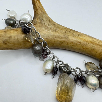 Vintage Citrine and Pearl charm bracelet Chunky Stackable Layered Every day 925 Sterling Silver
