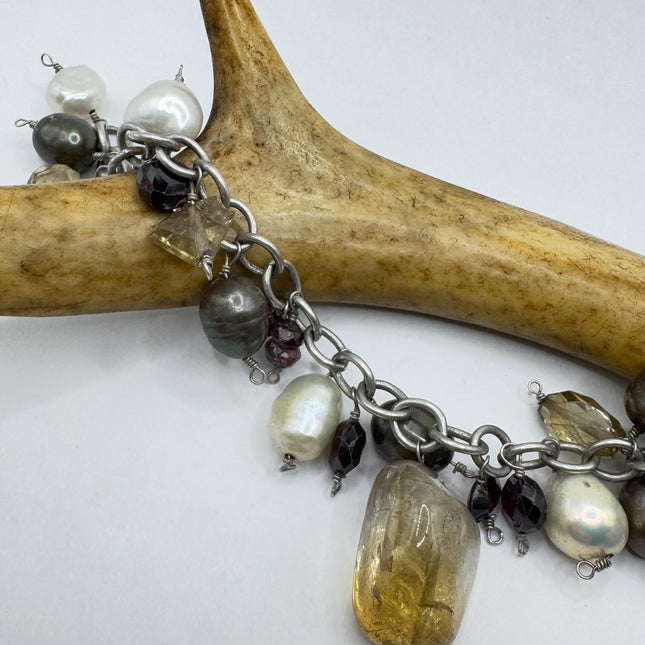 Vintage Citrine and Pearl charm bracelet Chunky Stackable Layered Every day 925 Sterling Silver
