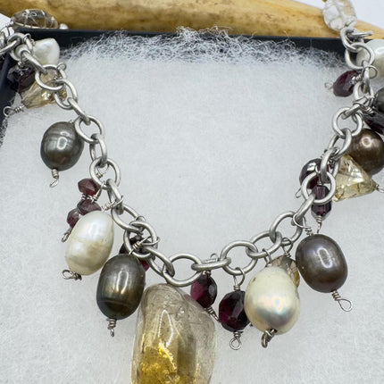 Vintage Citrine and Pearl charm bracelet Chunky Stackable Layered Every day 925 Sterling Silver