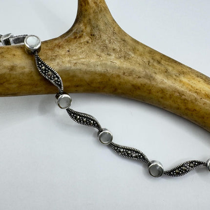 Vintage white Bracelet mother Pearl Set with marcasite in 925 Sterling Silver