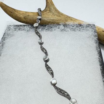 Vintage white Bracelet mother Pearl Set with marcasite in 925 Sterling Silver